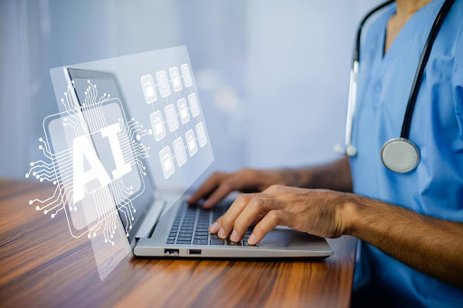 Woman working on her laptop with AI.