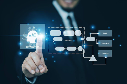 Man interacting with a touch screen that displays AI workflow